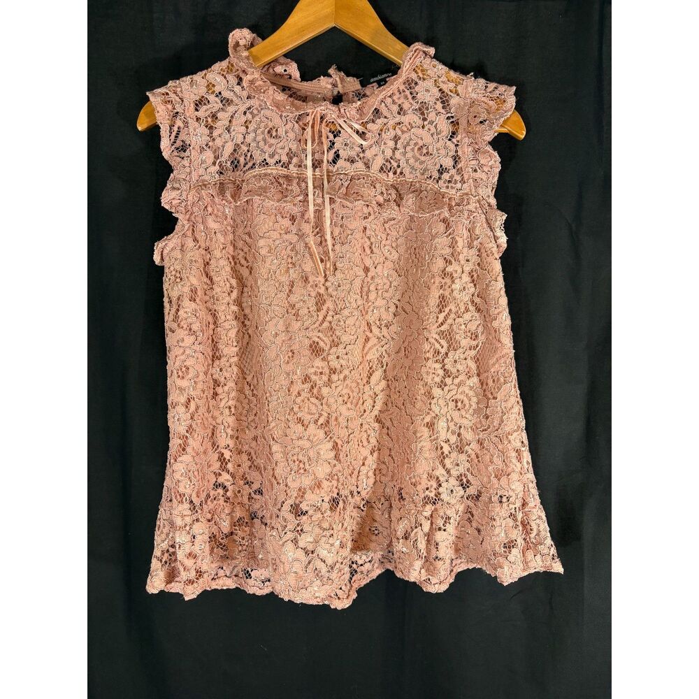 Ambiance Blush Pink Floral Lace Ruffle Top 2X Tie Neck Lined